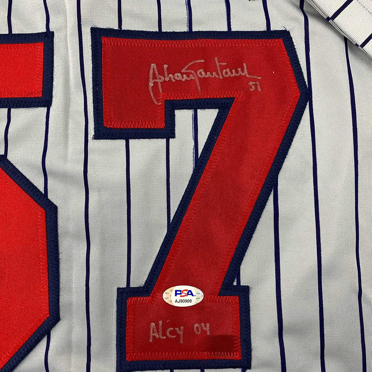 Framed Autographed/Signed Johan Santana 35x39 Minnesota Grey Pinstripe Baseball Jersey PSA/DNA COA