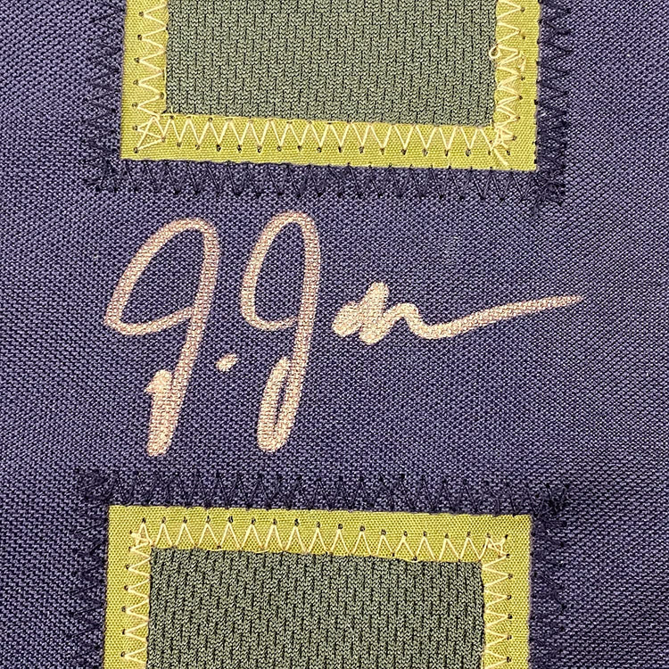 Framed Autographed/Signed Justin Jefferson 35x39 Green Salute To Service Football Jersey JSA COA