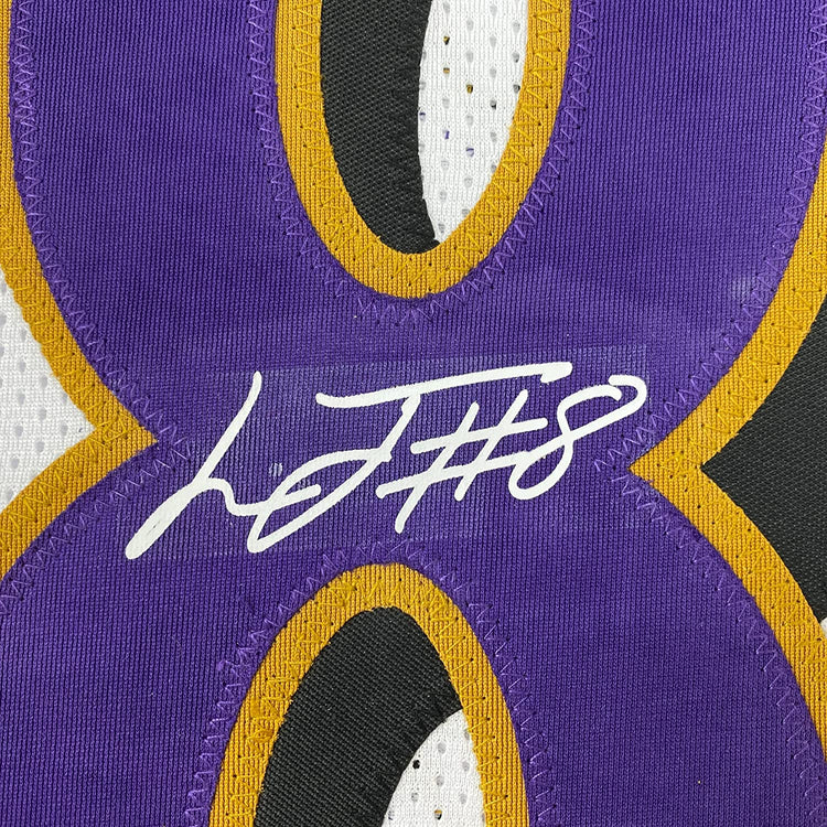 Framed Facsimile Autographed Lamar Jackson 35x39 Baltimore White Reprint Laser Auto Football Jersey Size Men's XL