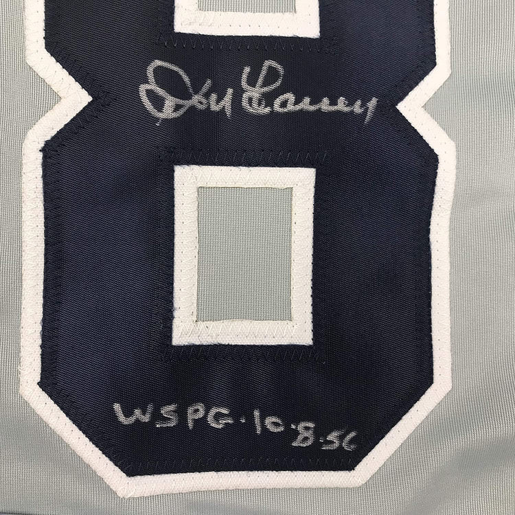 Autographed/Signed Don Larsen"WS PG 10-8-56" New York Grey Baseball Jersey Beckett BAS COA