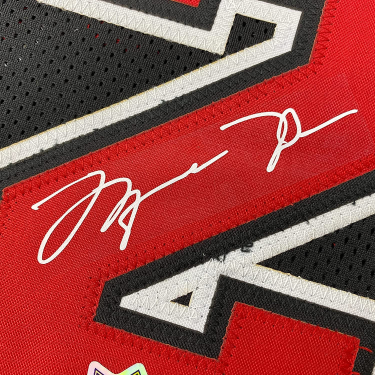 Framed Facsimile Autographed Michael Jordan 35x39 Chicago Black Reprint Laser Auto Basketball Jersey