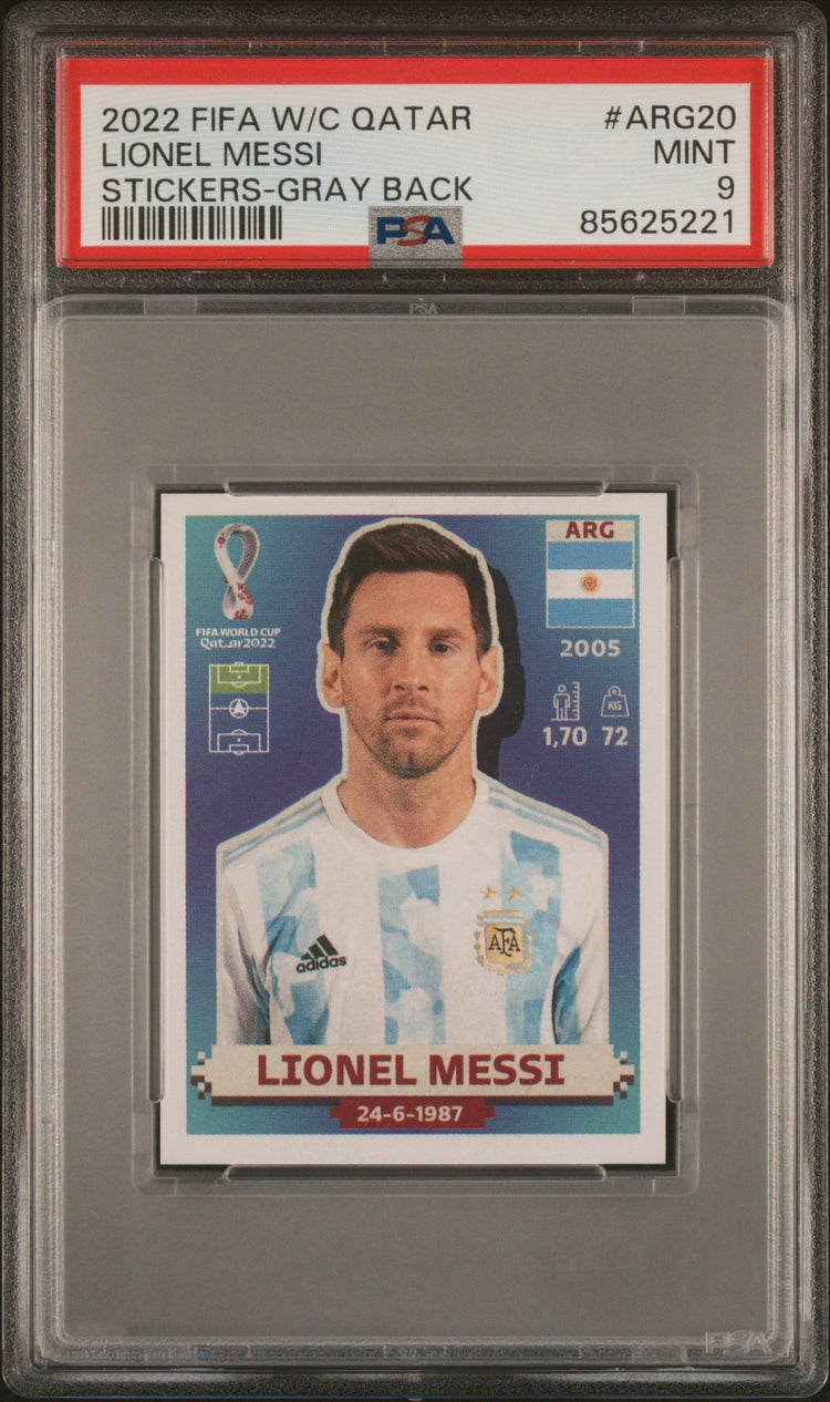 Graded 2022 Panini World Cup Lionel Messi #ARG20 Gray Back Soccer Sticker Card PSA 9 Mint