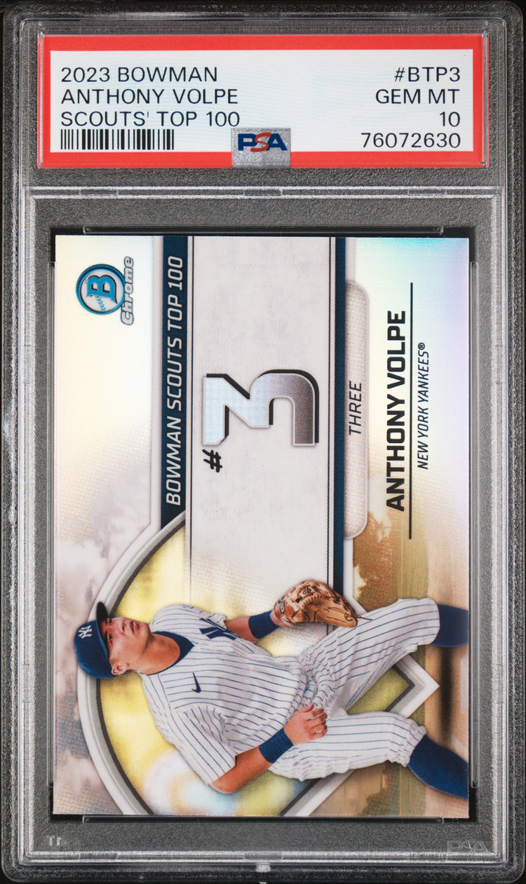 Graded 2023 Topps Bowman Anthony Volpe #BTP3 Scouts Top 100 Rookie RC Baseball Card PSA 10 Gem Mint