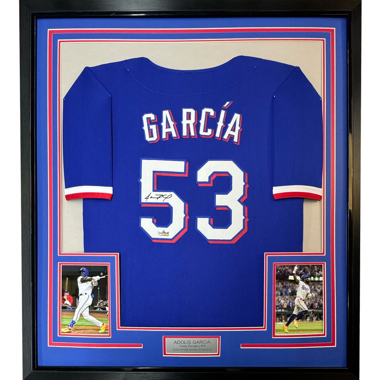 Framed Facsimile Autographed Adolis Garcia 35x39 Texas Blue Reprint Laser Auto Baseball Jersey