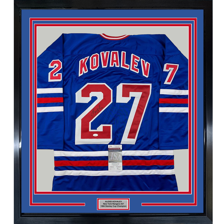 Framed Autographed/Signed Alexei Kovalev 35x39 New York Blue Hockey Jersey JSA COA