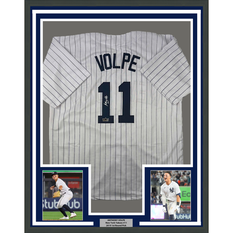 Framed Facsimile Autographed Anthony Volpe 35x39 New York Pinstripe Reprint Laser Auto Baseball Jersey