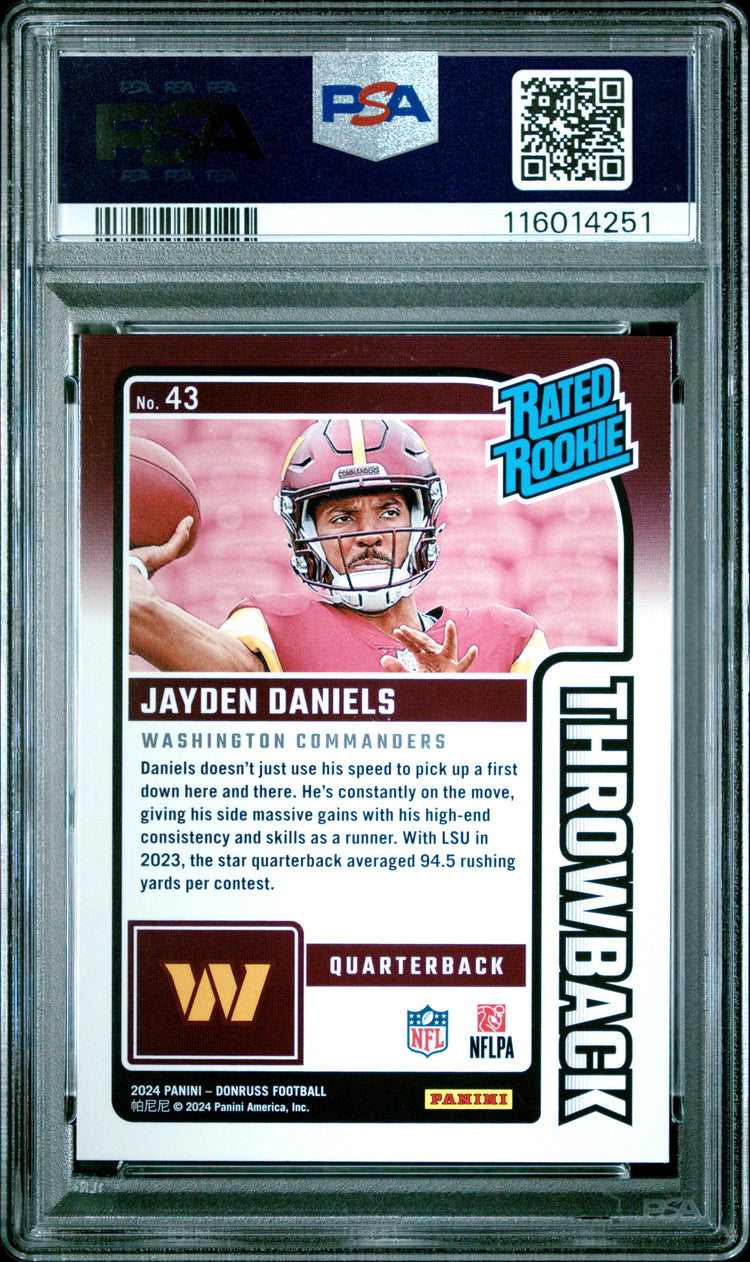 Graded 2024 Panini Donruss Jayden Daniels #43 Rated Rookies Throwback Rookie RC Football Card PSA 10 Gem Mint