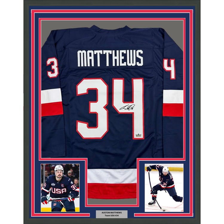 Framed Facsimile Autographed Auston Matthews 35x39 United States USA Blue 2025 4 Nations Face-Off Reprint Laser Auto Hockey Jersey