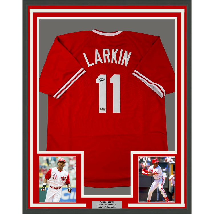 Framed Facsimile Autographed Barry Larkin 35x39 Cincinnati White Reprint Laser Auto Baseball Jersey