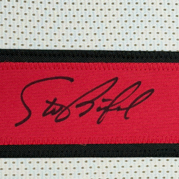 Framed Autographed/Signed Steve Bartkowski 35x39 Atlanta White Football Jersey JSA COA
