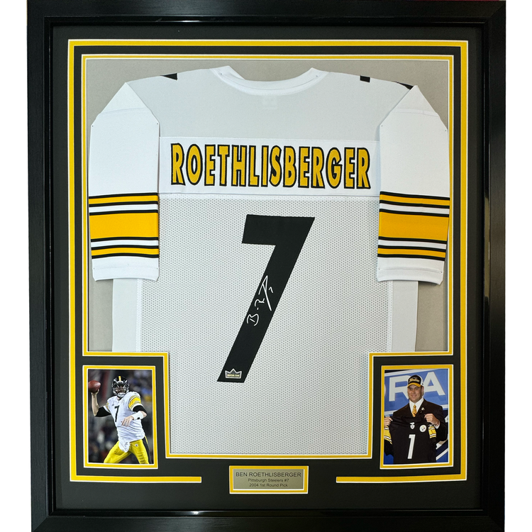 Framed Facsimile Autographed Ben Roethlisberger 35x39 Pittsburgh White Reprint Laser Auto Football Jersey Size Men's XL
