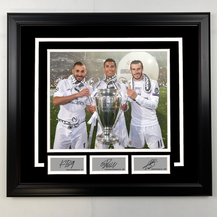 Framed Karim Benzema, Cristiano Ronaldo and Gareth Bale Facsimile Laser Engraved Signatures Real Madrid 19x21 Soccer Photo