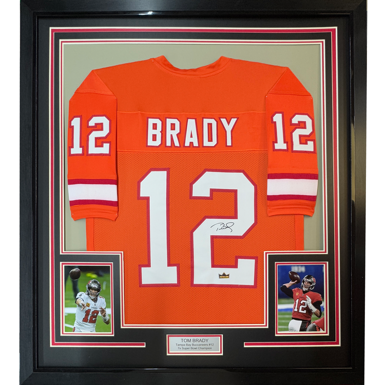 Framed Facsimile Autographed Tom Brady 35x39 Tampa Bay Orange Throwback Reprint Laser Auto Football Jersey Size Men's XL