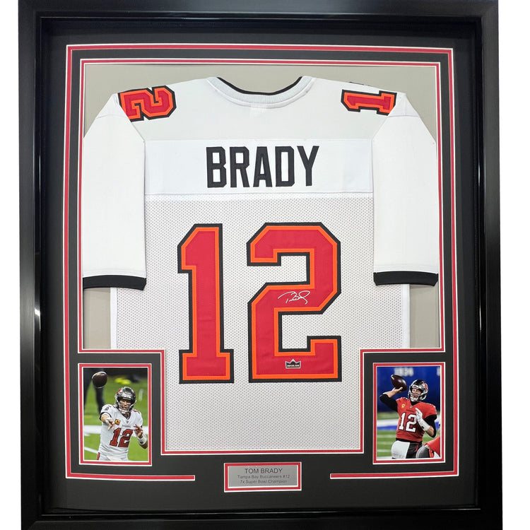 Framed Facsimile Autographed Tom Brady 35x39 Tampa Bay White Reprint Laser Auto Football Jersey Size Men's XL