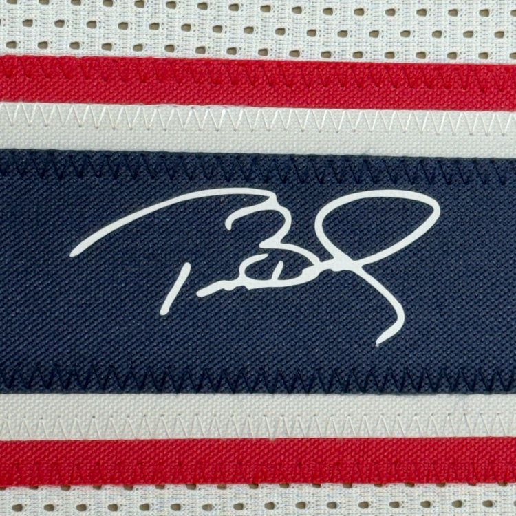 Framed Facsimile Autographed Tom Brady 35x39 New England White Reprint Laser Auto Football Jersey Size Men's XL