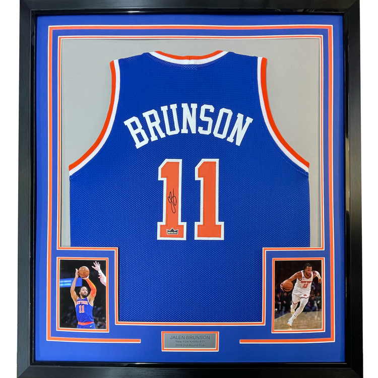 Framed Facsimile Autographed Jalen Brunson 35x39 New York Blue Reprint Laser Auto Basketball Jersey