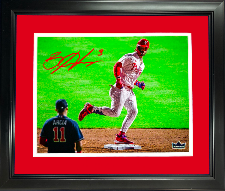 Framed Bryce Harper 2023 NLDS Home Run Orlando Arcia Stare Down Philadelphia Phillies Facsimile Laser Engraved Signature Auto 11"x14" Baseball Photo HOFSM Holo