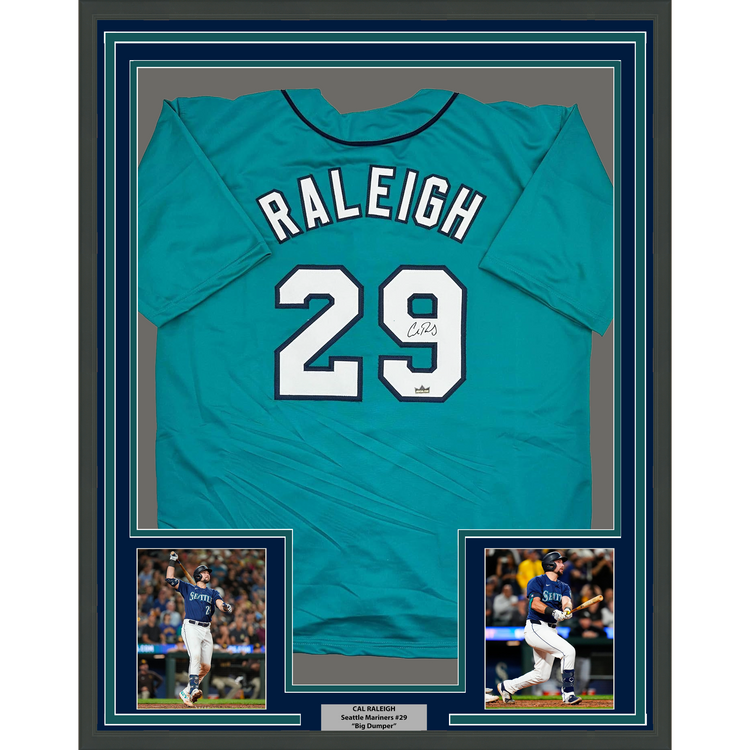Framed Facsimile Autographed Cal Raleigh 35x39 Seattle Teal Reprint Laser Auto Baseball Jersey