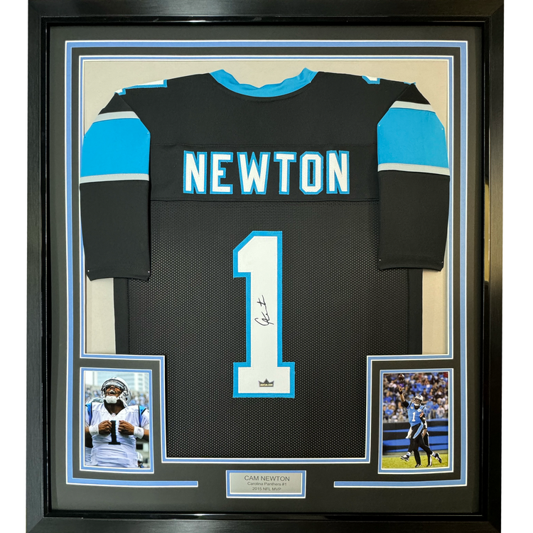 Framed Facsimile Autographed Cam Newton 35x39 Carolina Black Reprint Laser Auto Football Jersey