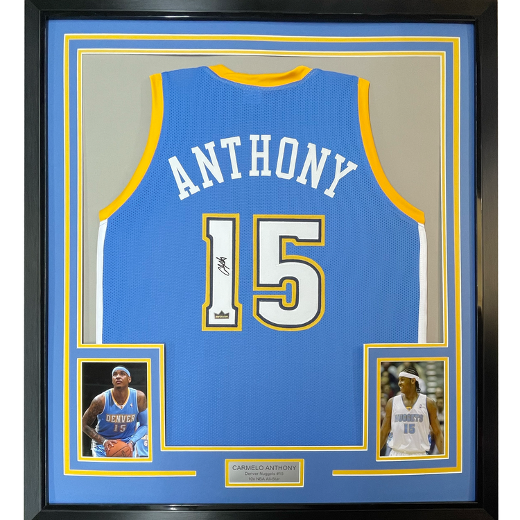 Framed Facsimile Autographed Carmelo Anthony 35x39 Denver Blue Reprint Laser Auto Basketball Jersey
