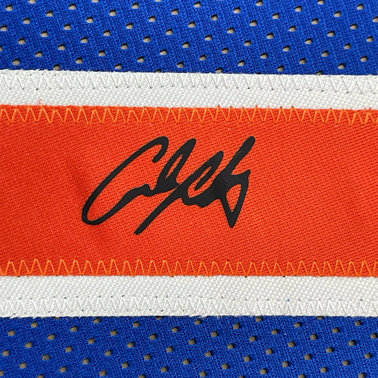 Framed Facsimile Autographed Carmelo Anthony 35x39 New York Blue Reprint Laser Auto Basketball Jersey