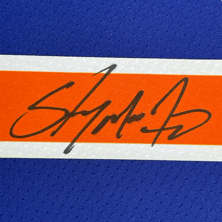 Framed Autographed/Signed Carmelo Anthony 35x39 New York Knicks Blue Authentic Swingman Basketball Jersey Fanatics COA