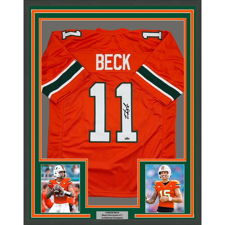 Framed Facsimile Autographed Carson Beck 35x39 Miami Orange Reprint Laser Auto College Football Jersey