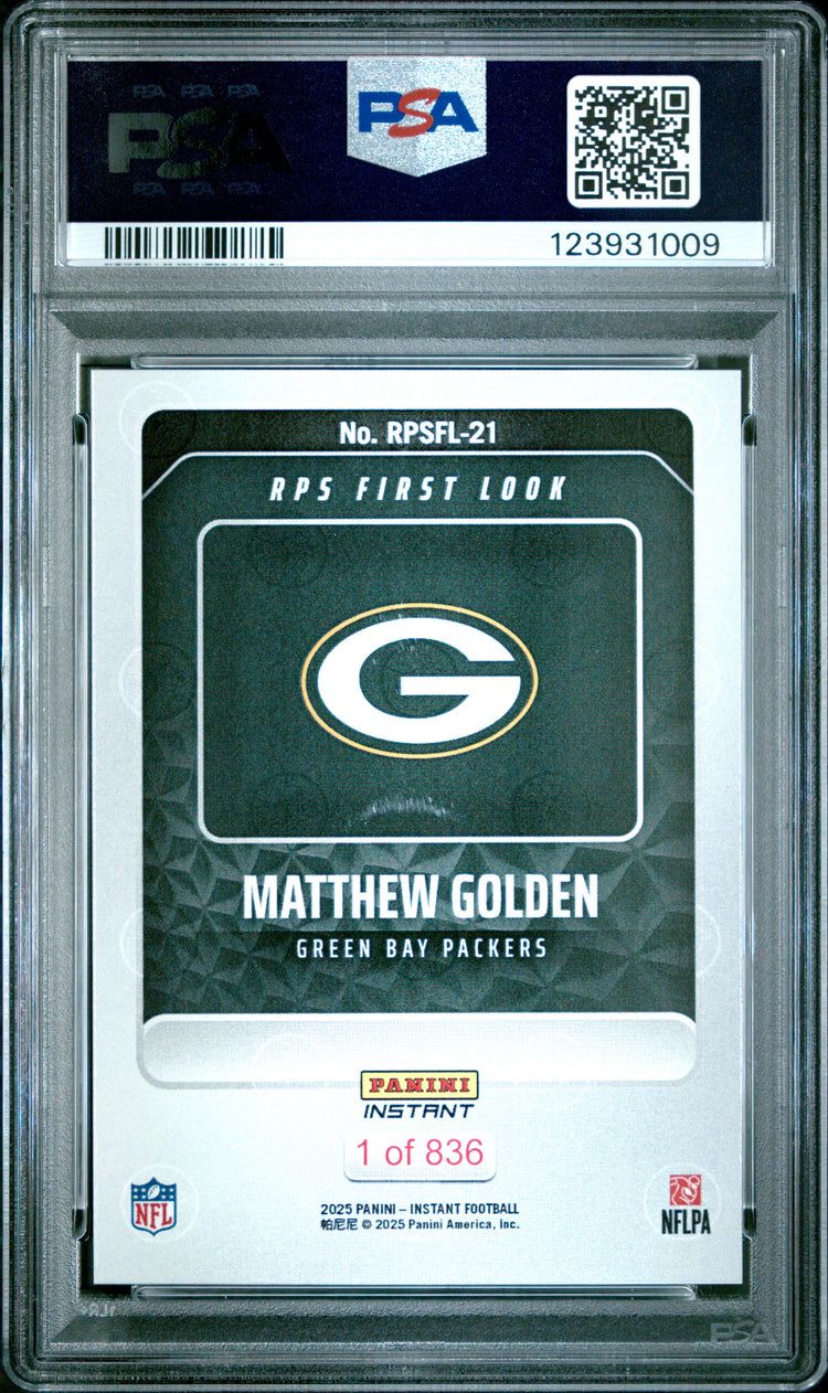 Graded 2025 Panini Instant Matthew Golden #RPSFL21 RPS First Look Rookie RC Football Card PSA 9 Mint
