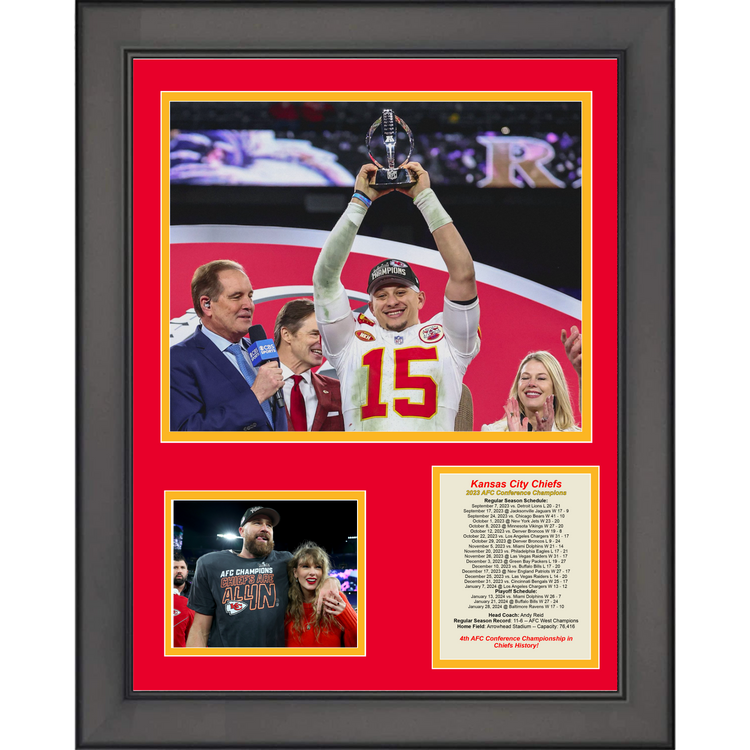 Framed Kansas City Chiefs 2023 AFC Conference Champions Football 11"x14" Three Photo Collage