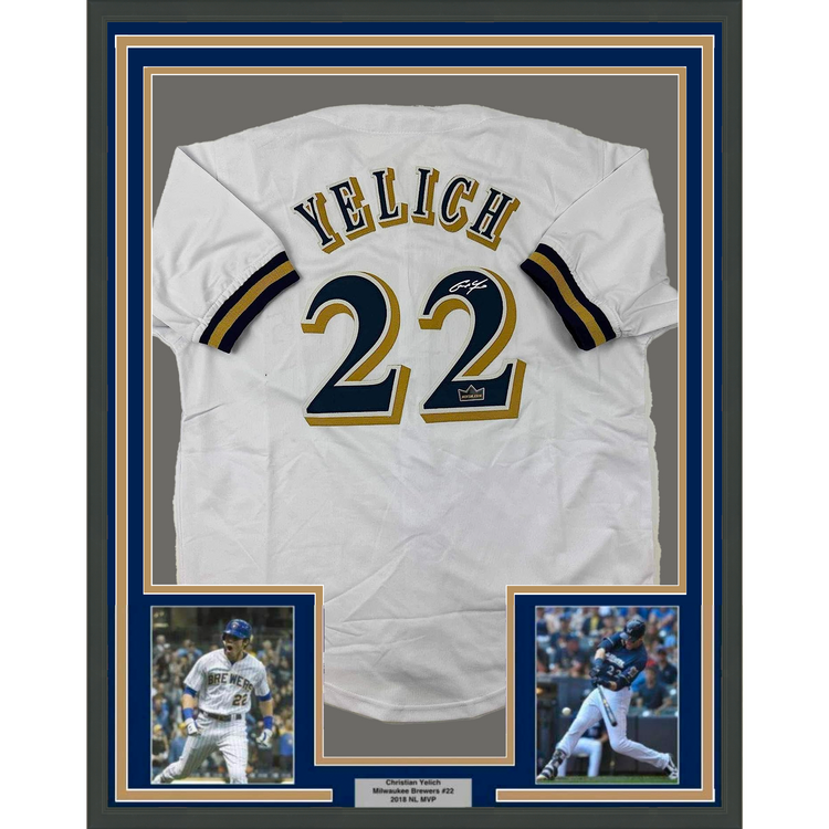 Framed Facsimile Autographed Christian Yelich 35x39 Milwaukee White Reprint Laser Auto Baseball Jersey