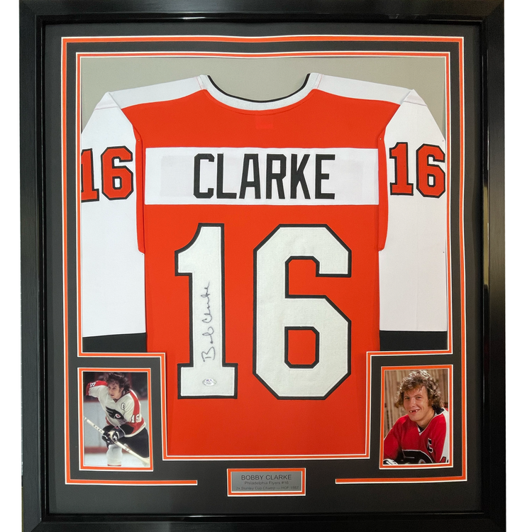 Framed Autographed/Signed Bob Bobby Clarke 35x39 Philadelphia Orange Hockey Jersey JSA COA
