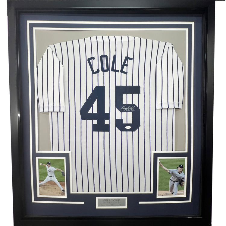Framed Autographed/Signed Gerrit Cole 35x39 New York Pinstripe Baseball Jersey JSA COA