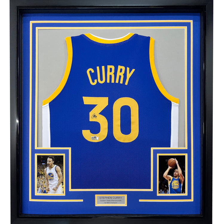 Framed Facsimile Autographed Stephen Steph Curry 35x39 Golden State Blue Reprint Laser Auto Basketball Jersey