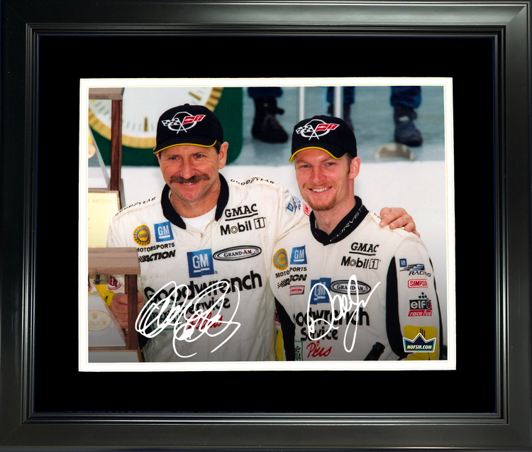Framed Dale Earnhardt Jr. & Sr. Dual Facsimile Laser Engraved Signature Auto 11"x14" NASCAR Racing Photo HOFSM Holo