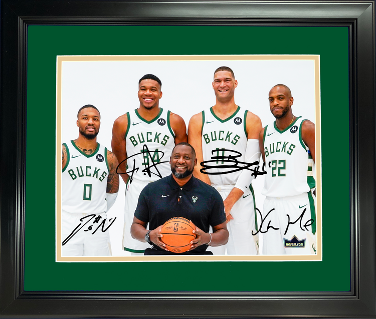 Framed Damian Lillard, Giannis Antetokounmpo, Brook Lopez & Khris Middleton Big 4 Facsimile Laser Engraved Signature Auto 11"x14" Basketball Photo HOFSM Holo