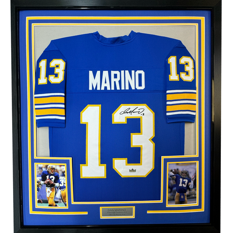Framed Facsimile Autographed Dan Marino 35x39 Pittsburgh Blue Reprint Laser Auto College Football Jersey