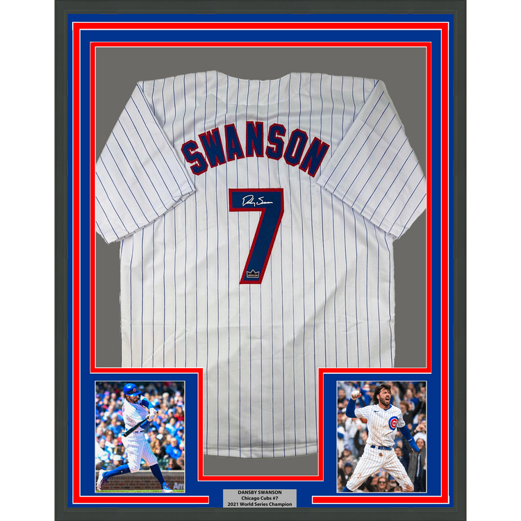 Framed Facsimile Autographed Dansby Swanson 35x39 Chicago Pinstripe Reprint Laser Auto Baseball Jersey