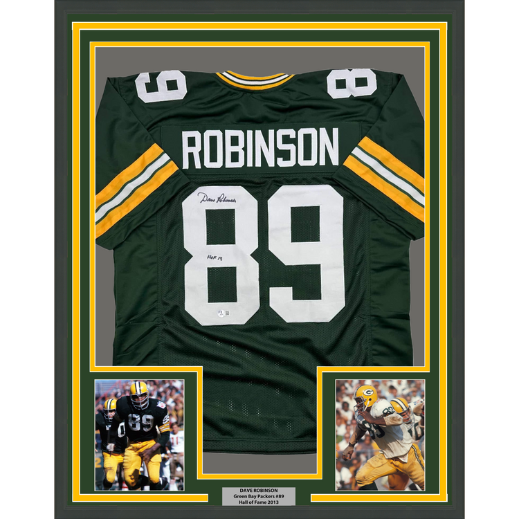 Framed Autographed/Signed Dave Robinson HOF 2013 35x39 Green Bay Packers Green Football Jersey JSA COA