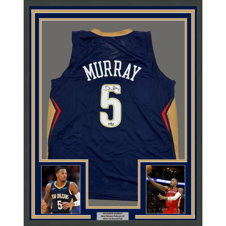 Framed Facsimile Autographed Dejounte Murray 35x39 New Orleans Blue Reprint Laser Auto Basketball Jersey