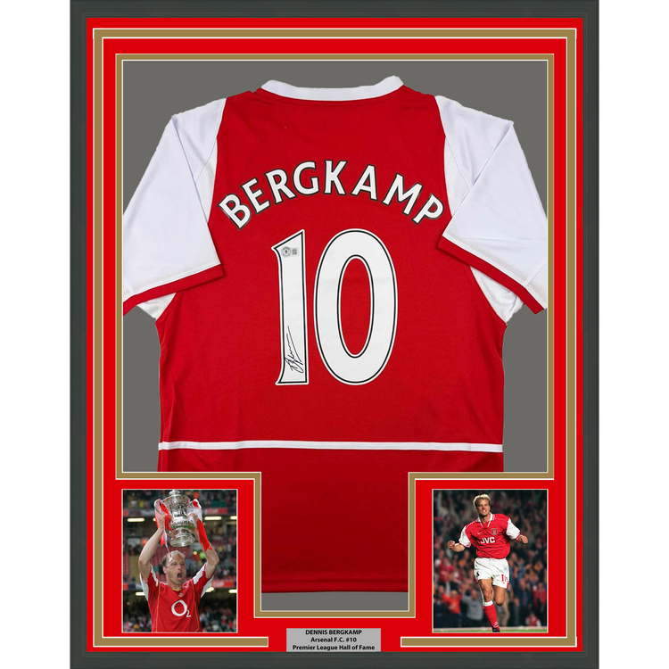 Framed Autographed/Signed Dennis Bergkamp 35x39 Arsenal Red Soccer Jersey Beckett BAS COA
