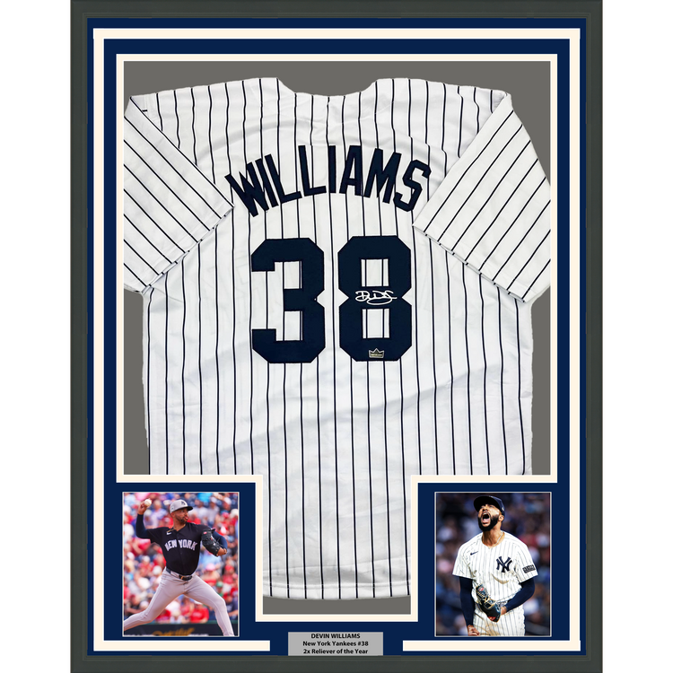 Framed Facsimile Autographed Devin Williams 35x39 New York Pinstripe Reprint Laser Auto Baseball Jersey