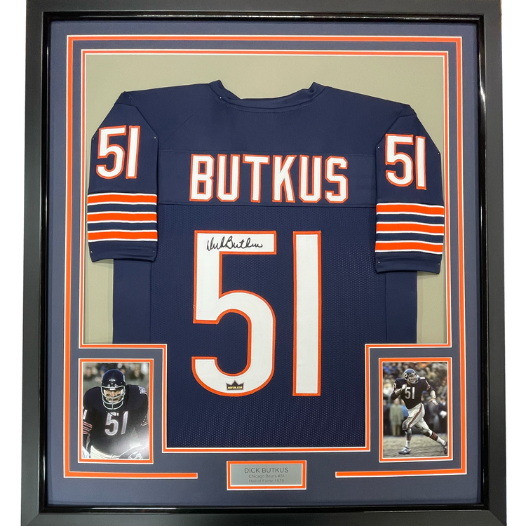 Framed Facsimile Autographed Dick Butkus 35x39 Chicago Blue Reprint Laser Auto Football Jersey