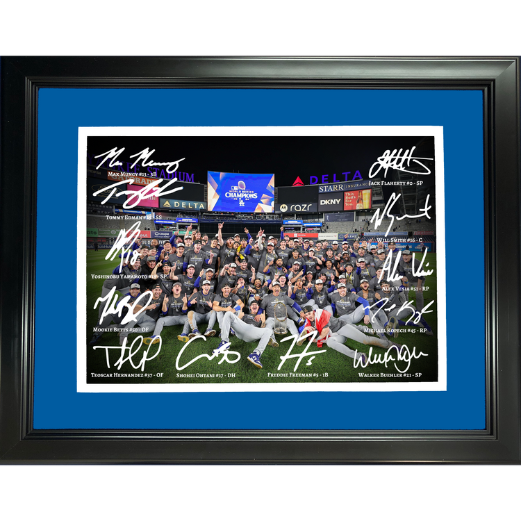 Framed Los Angeles Dodgers 2024 World Series Champions Field Celebration Facsimile Signature Team Auto 11''x14'' Baseball Photo