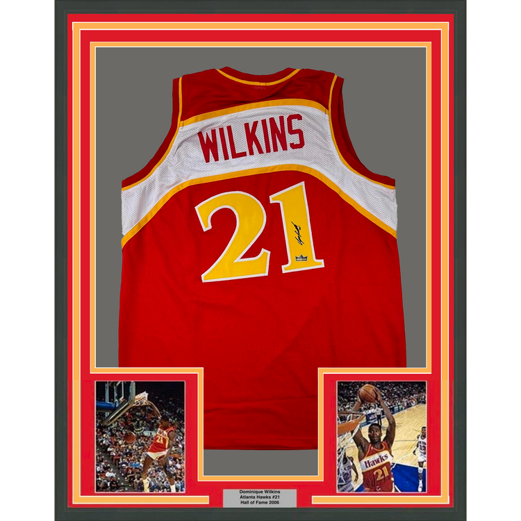 Framed Facsimile Autographed Dominique Wilkins 35x39 Atlanta Red Reprint Laser Auto Basketball Jersey
