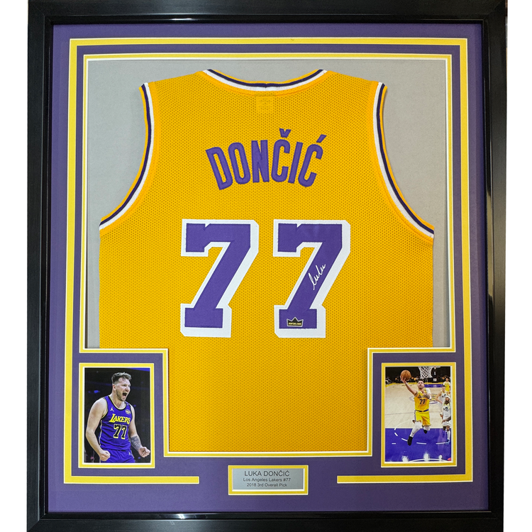 Framed Facsimile Autographed Luka Doncic 35x39 Los Angeles LA Yellow Reprint Laser Auto Basketball Jersey