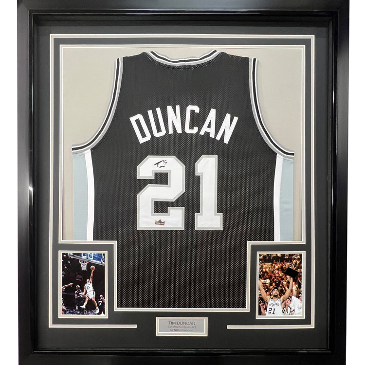 Framed Facsimile Autographed Tim Duncan 35x39 San Antonio Black Reprint Laser Auto Basketball Jersey
