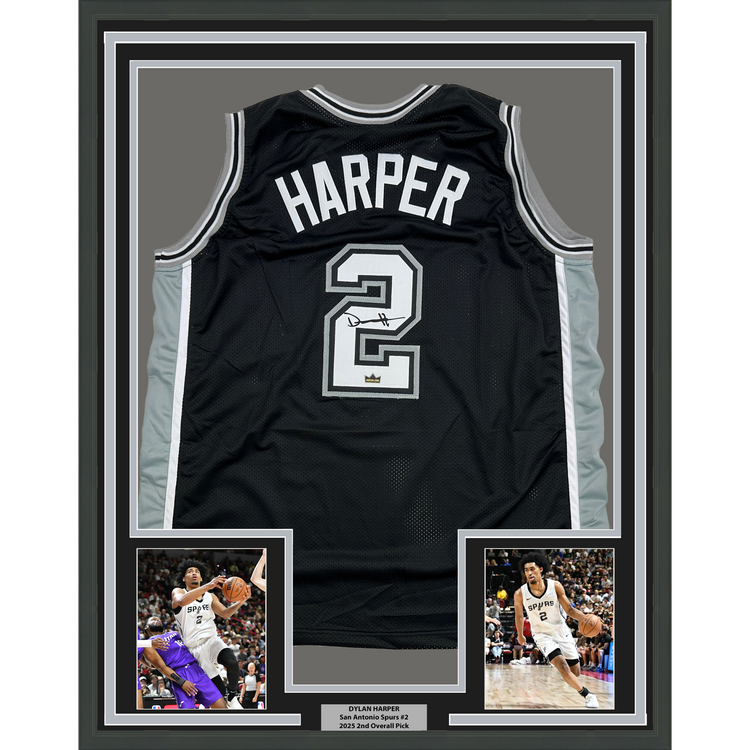 Framed Facsimile Autographed Dylan Harper 35x39 San Antonio Black Reprint Laser Auto Basketball Jersey
