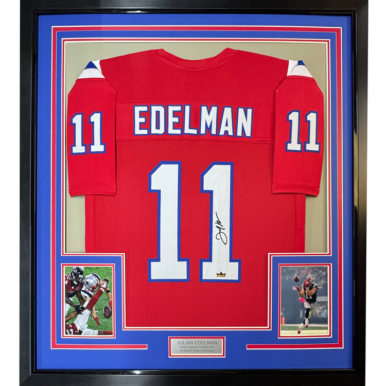 Framed Facsimile Autographed Julian Edelman 35x39 New England Red Reprint Laser Auto Football Jersey