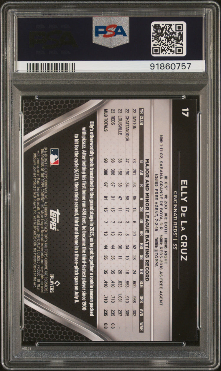 Graded 2024 Topps Chrome Black Elly De La Cruz #17 Rookie RC Baseball Card PSA 10 Gem Mint
