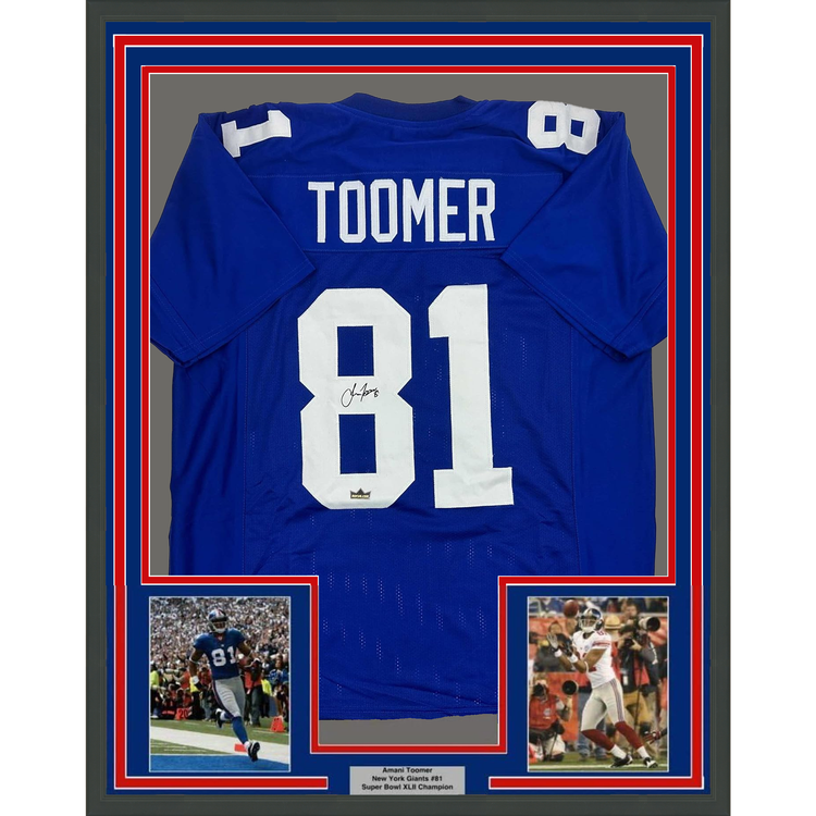 Framed Facsimile Autographed Amani Toomer 35x39 New York Blue Reprint Laser Auto Football Jersey